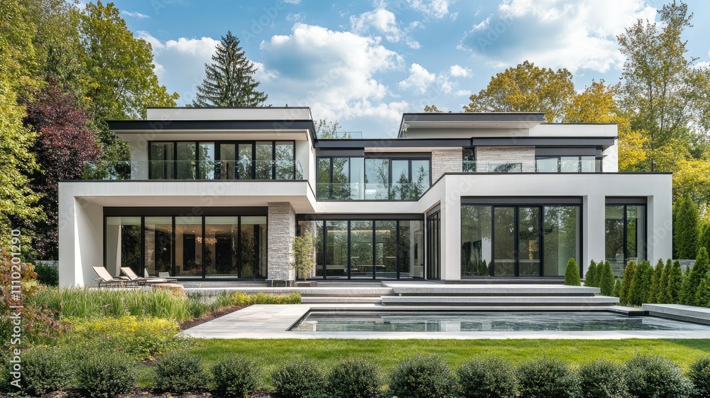 Exterior of an L-shaped house with a white-gray facade, long windows reflecting the sky, and minimalist green landscaping Exterior of an L-shaped house with a white-gray facade, long windows reflecting the sky, and minimalist green landscaping