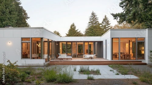 L-shaped house with clean white-gray tones, minimalist wooden accents, and long windows blending indoor and outdoor spaces