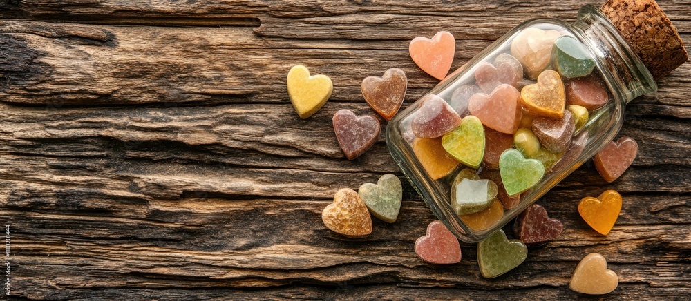 Colorful heart-shaped candies in a glass bottle on a rustic wooden surface creative love and celebration concept top view Colorful heart-shaped candies in a glass bottle on a rustic wooden surface creative love and celebration concept top view