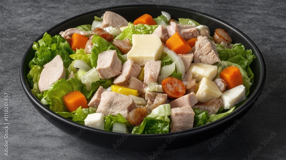 Gourmet chicken and meat salad with fresh vegetables and cheese served in a stylish bowl perfect for restaurant or cafe menus Gourmet chicken and meat salad with fresh vegetables and cheese served in a stylish bowl perfect for restaurant or cafe menus