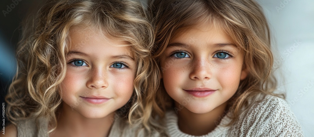 Joyful siblings smiling together with beautiful blue eyes and soft curls in a cozy indoor setting featuring natural light Joyful siblings smiling together with beautiful blue eyes and soft curls in a cozy indoor setting featuring natural light