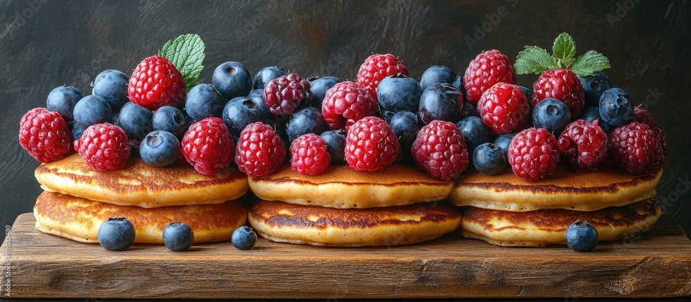 Pancakes stacked with fresh raspberries and blueberries on a rustic wooden board against a dark background Pancakes stacked with fresh raspberries and blueberries on a rustic wooden board against a dark background