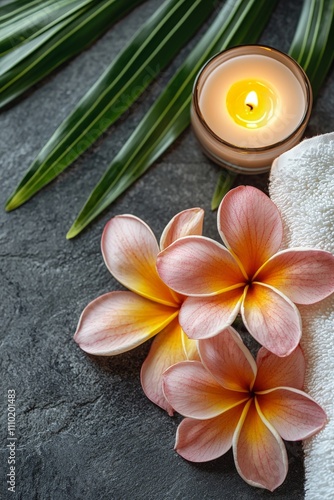 wellness background - hawaiian plumeria flowers, a candle and white towels