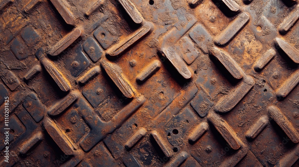 Rusty checker plate floor texture with weathered surface showcasing industrial aesthetic and aged metal details for background use. Rusty checker plate floor texture with weathered surface showcasing industrial aesthetic and aged metal details for background use.
