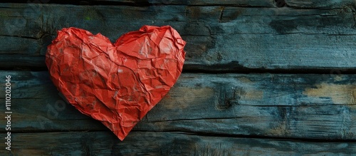 Crumpled red paper heart on rustic wooden background symbolizing love and affection for gift cards or romantic occasions. photo