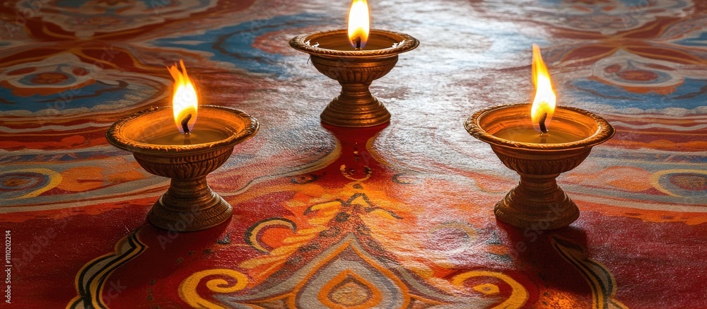 Oil lamps glowing on colorful rangoli pattern during festival celebrations perfect for greeting card design for light-themed festivities Oil lamps glowing on colorful rangoli pattern during festival celebrations perfect for greeting card design for light-themed festivities