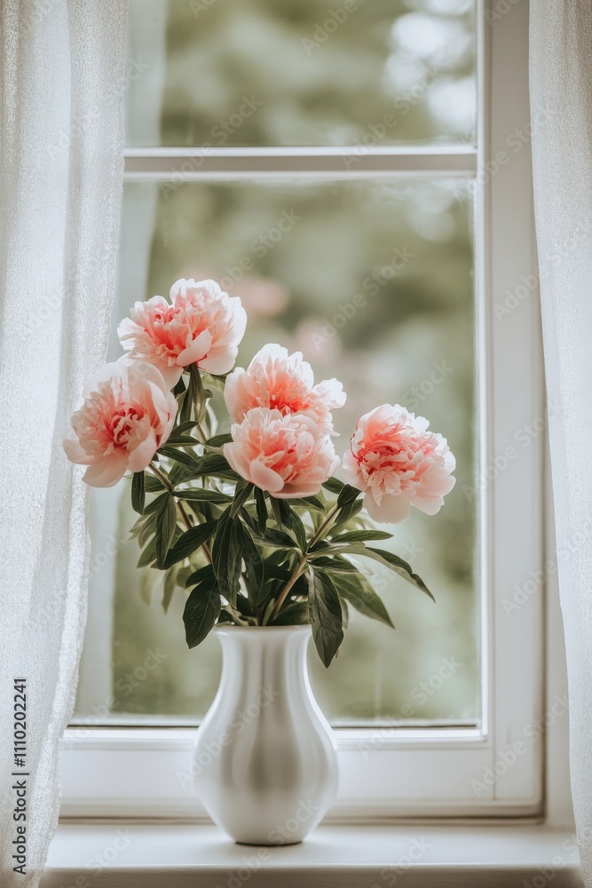 Delicate Pink Peonies in a White Vase by a Bright Window with Sheer Curtains, Bringing Beauty and Freshness to Home Decor and Interior Design Settings Delicate Pink Peonies in a White Vase by a Bright Window with Sheer Curtains, Bringing Beauty and Freshness to Home Decor and Interior Design Settings