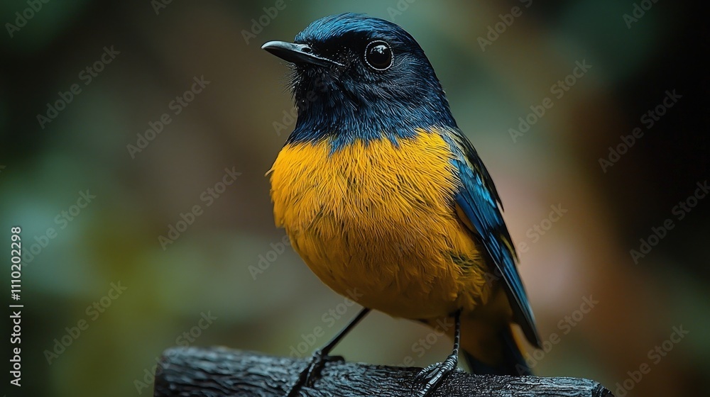 Fototapeta premium Vibrant blue and yellow songbird perched in lush forest