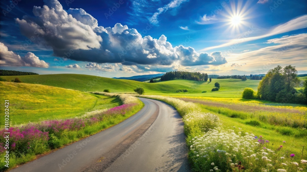 A winding road through a picturesque landscape with vibrant green hills, wildflowers, and a bright sun shining through the clouds. A winding road through a picturesque landscape with vibrant green hills, wildflowers, and a bright sun shining through the clouds.