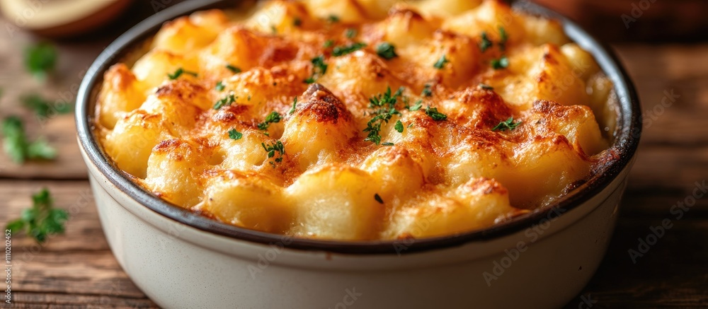 Delicious creamy potato gratin in a rustic dish topped with golden cheese and fresh herbs from an overhead perspective Delicious creamy potato gratin in a rustic dish topped with golden cheese and fresh herbs from an overhead perspective