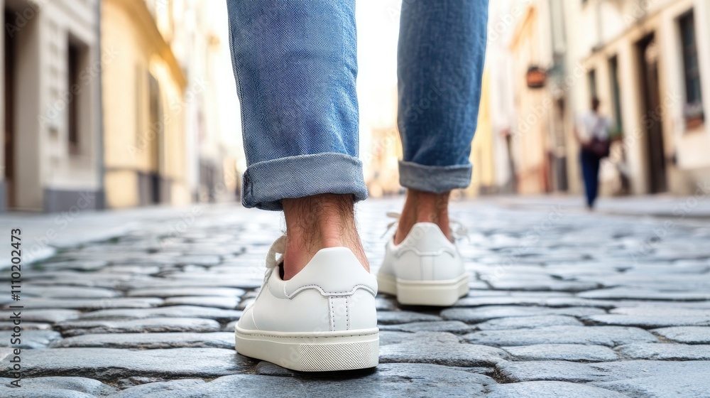 Man wearing white sneakers walking on cobblestone street with space for logo placement in urban setting Man wearing white sneakers walking on cobblestone street with space for logo placement in urban setting