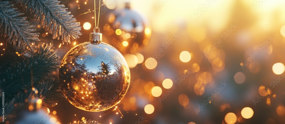 Festive New Year decorations with sparkling ornaments and a warm golden background creating a joyful holiday atmosphere Festive New Year decorations with sparkling ornaments and a warm golden background creating a joyful holiday atmosphere