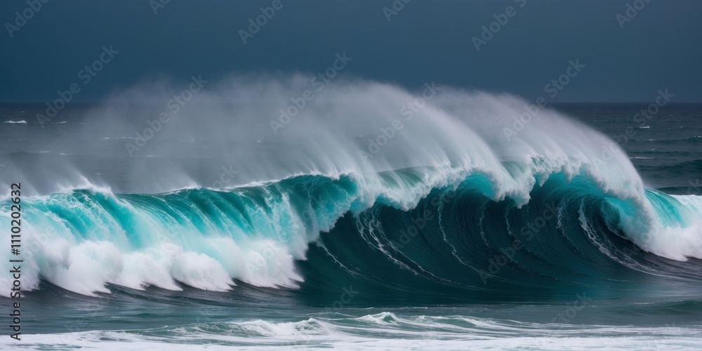 Giant waves with white foam crests are breaking over a dark blue ocean. Giant waves with white foam crests are breaking over a dark blue ocean.
