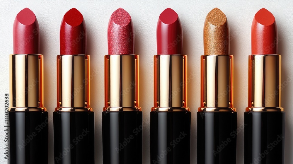 Colorful array of six lipsticks featuring shades of pink red and gold arranged elegantly on a clean white background for beauty marketing Colorful array of six lipsticks featuring shades of pink red and gold arranged elegantly on a clean white background for beauty marketing