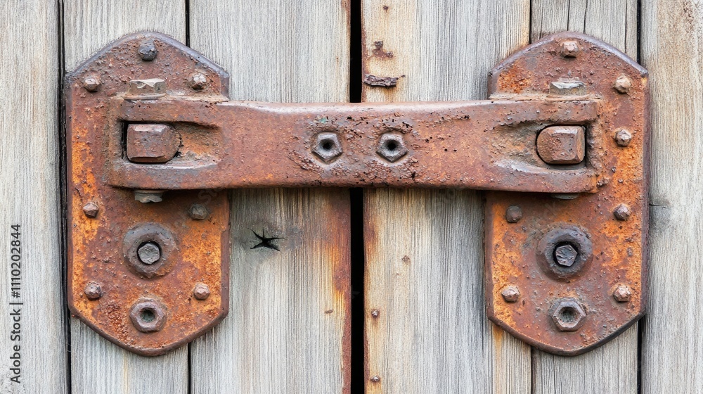 Rusty metal door hinge on weathered wooden surface showcasing corrosion and decay in industrial design elements. Rusty metal door hinge on weathered wooden surface showcasing corrosion and decay in industrial design elements.