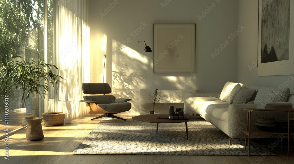 Modern Nordic living room with neutral tones, simple decor, and a focus on functional yet stylish furniture and soft natural lighting Modern Nordic living room with neutral tones, simple decor, and a focus on functional yet stylish furniture and soft natural lighting