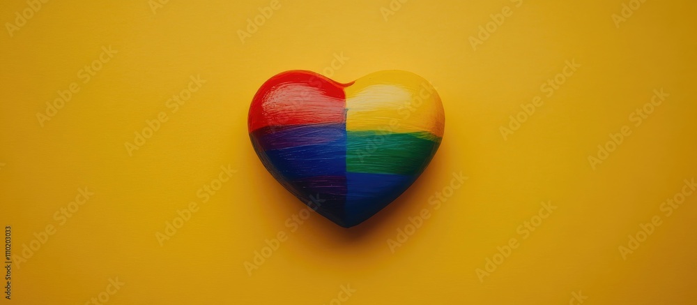 Rainbow heart symbolizing love and acceptance on vibrant yellow backdrop promoting human rights and tolerance in diverse communities Rainbow heart symbolizing love and acceptance on vibrant yellow backdrop promoting human rights and tolerance in diverse communities