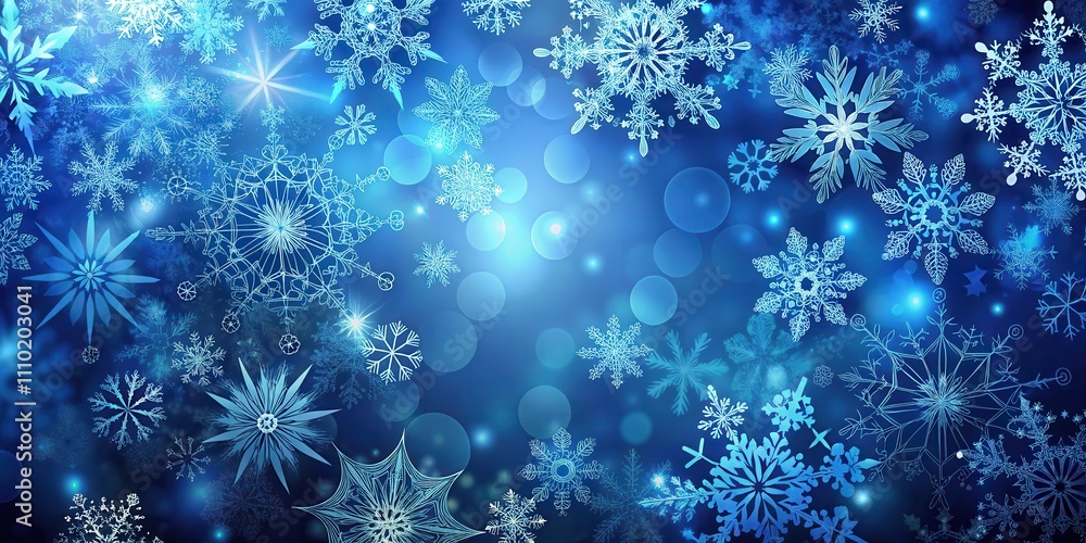 A beautiful blue background with intricate snowflakes and sparkling lights for a winter wonderland feel A beautiful blue background with intricate snowflakes and sparkling lights for a winter wonderland feel