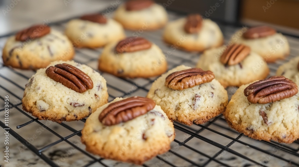 Pecan cookies cooling on a rack with whole pecans on top showcasing a delicious homemade recipe treat. Pecan cookies cooling on a rack with whole pecans on top showcasing a delicious homemade recipe treat.