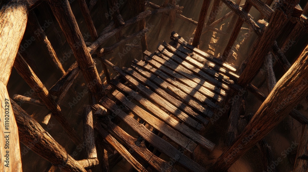 Wooden scaffolding support structure with shadows creating a geometric pattern in a construction site setting. Wooden scaffolding support structure with shadows creating a geometric pattern in a construction site setting.