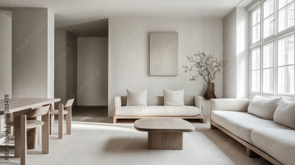 Nordic-style living room with clean white walls, light gray accents, and minimalist wooden furnishings for a warm, inviting design Nordic-style living room with clean white walls, light gray accents, and minimalist wooden furnishings for a warm, inviting design