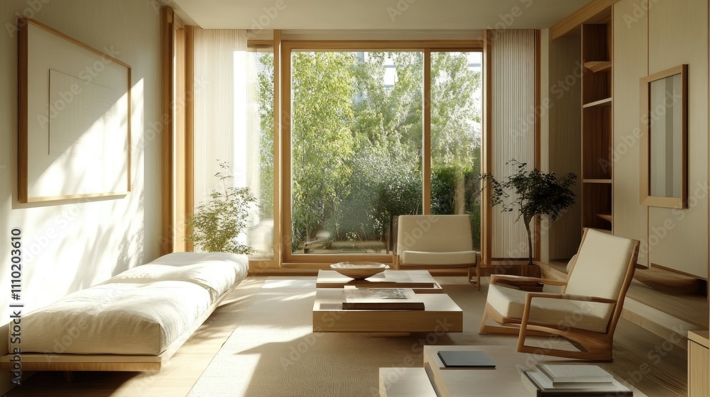 Fototapeta premium Nordic-style living room with sleek furniture in light wood tones, neutral upholstery, and a large window filling the space with sunlight