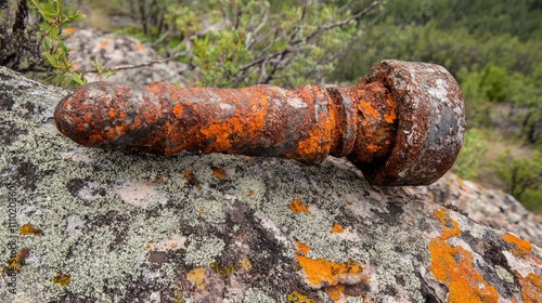 Rusty quarrying spike resting on granite rock surface showcasing geological textures and vibrant lichen growth in a natural landscape. photo