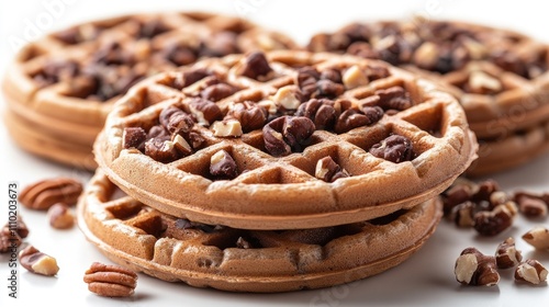 Delicious round waffles topped with chopped nuts arranged on a clean white background for a tempting visual appeal