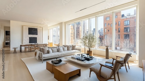 Nordic-style living room with sleek furniture in light wood tones, neutral upholstery, and a large window filling the space with sunlight