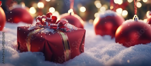 Festive red Christmas ornaments on snow with a beautifully wrapped gift box creating a warm holiday atmosphere photo