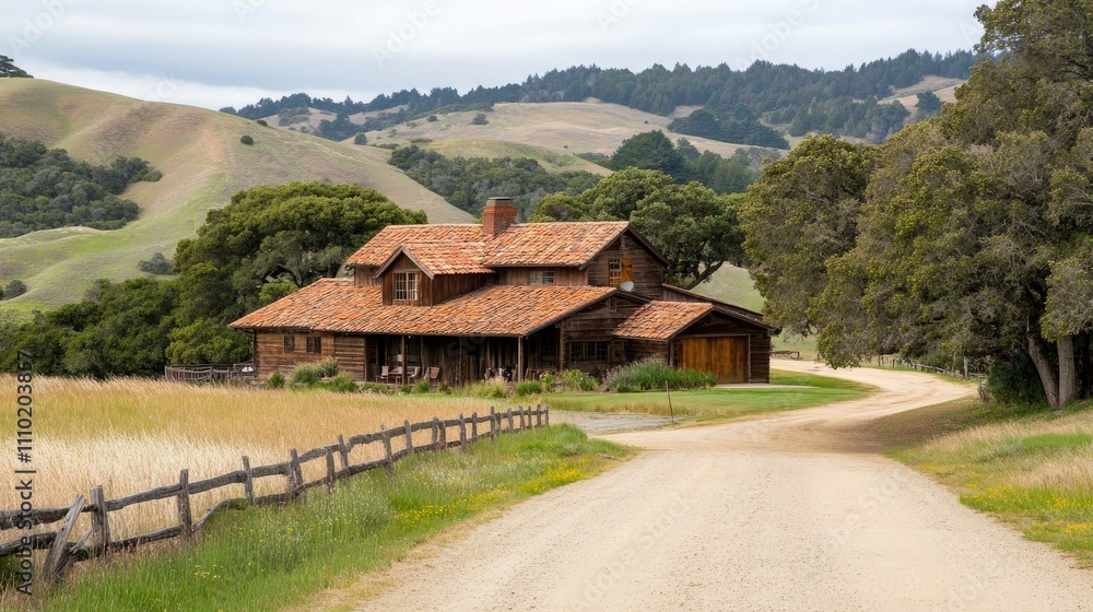 Rustic L-shaped farmhouse with wooden beams and a barn-style roof, surrounded by rolling hills and a dirt driveway. Rustic L-shaped farmhouse with wooden beams and a barn-style roof, surrounded by rolling hills and a dirt driveway.