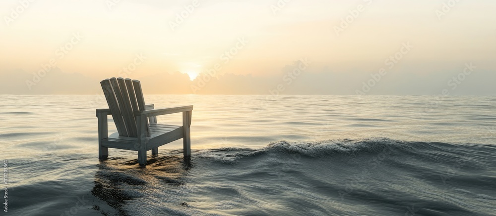 Serene beach chair on a calm sea at sunrise with soft waves creating a peaceful and tranquil atmosphere for relaxation and reflection. Serene beach chair on a calm sea at sunrise with soft waves creating a peaceful and tranquil atmosphere for relaxation and reflection.