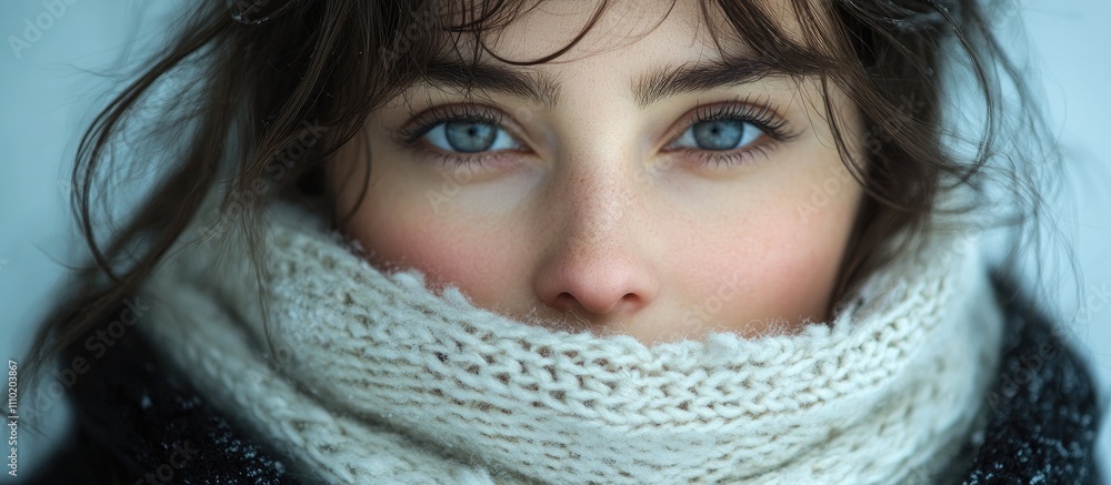Winter portrait of a woman with striking blue eyes wearing a black coat and cozy white scarf amidst a snowy background Winter portrait of a woman with striking blue eyes wearing a black coat and cozy white scarf amidst a snowy background