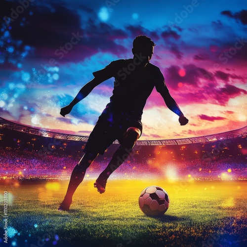 Sports: Silhouette of a soccer player kicking a ball with a vibrant stadium in the background photo