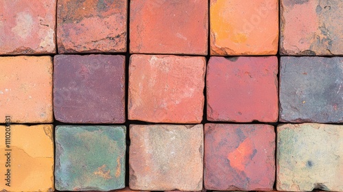 Colored vintage bricks arranged in a grid pattern showcasing their texture and hues for use in construction and design projects. photo