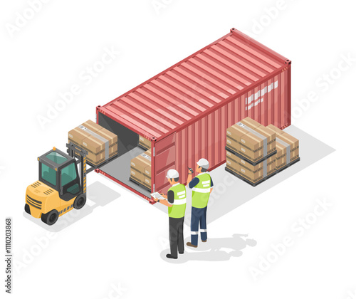 container loading Supervision and inspector concept worker with walkie talkie radio working shipping port isolated cartoon isometric isolated white background