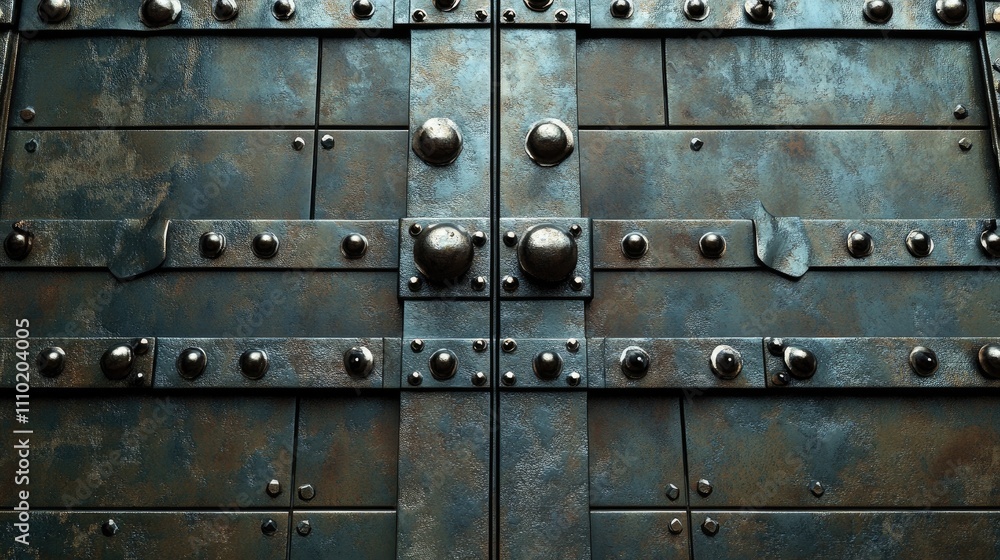 Fototapeta premium Rustic metallic door texture featuring rivets and patina for industrial or vintage design concepts. Ideal for backgrounds and overlays.