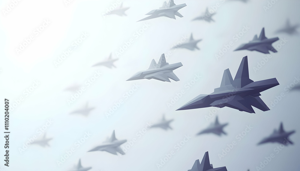 A formation of stealth fighter jets flying through a foggy sky. A formation of stealth fighter jets flying through a foggy sky.