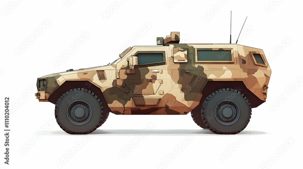 A side view of a military-style armored vehicle in a camouflage pattern. A side view of a military-style armored vehicle in a camouflage pattern.