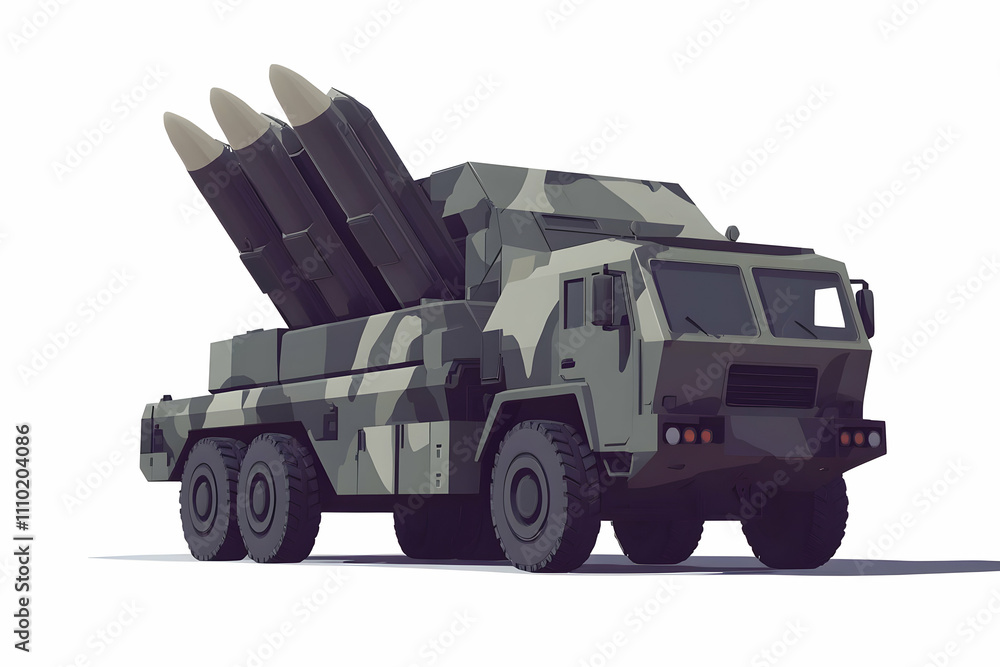 Obraz premium A military vehicle equipped with missile launchers, designed for tactical operations.