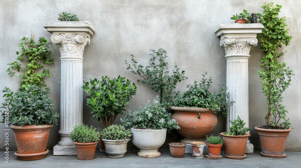 Charming Backyard Garden Corner Featuring Roman Columns Elegant Pots and Lush Greenery in a Serene Mulched Setting Charming Backyard Garden Corner Featuring Roman Columns Elegant Pots and Lush Greenery in a Serene Mulched Setting
