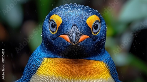 Vivid close-up of colorful bird with water droplets on feathers photo