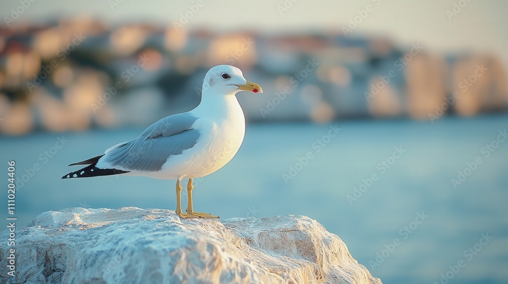 Seagull perched on sunlit rock by tranquil sea at sunset Seagull perched on sunlit rock by tranquil sea at sunset