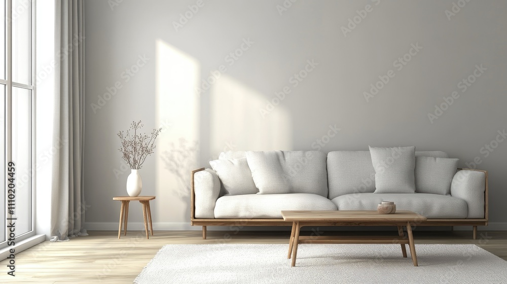 Simple, cozy living room with a Nordic design, featuring light gray walls, wooden accents, and a soft white rug for a clean, minimalist look Simple, cozy living room with a Nordic design, featuring light gray walls, wooden accents, and a soft white rug for a clean, minimalist look