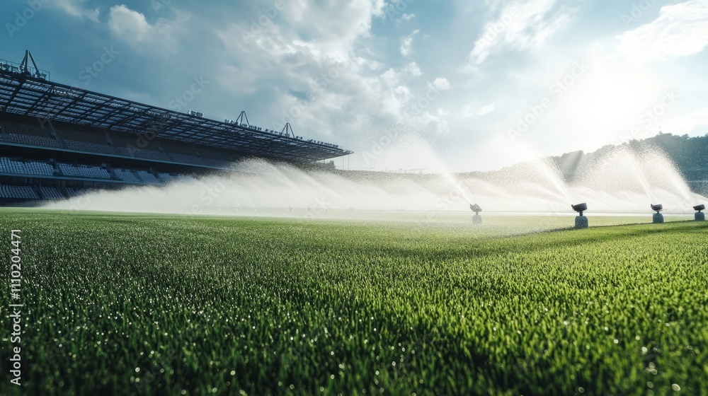 Fototapeta premium Sprinkler system watering a professional football stadium with perfectly maintained grass
