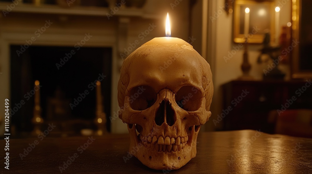 Candlelit skull centerpiece creating an eerie atmosphere for Halloween or spooky themed designs Candlelit skull centerpiece creating an eerie atmosphere for Halloween or spooky themed designs