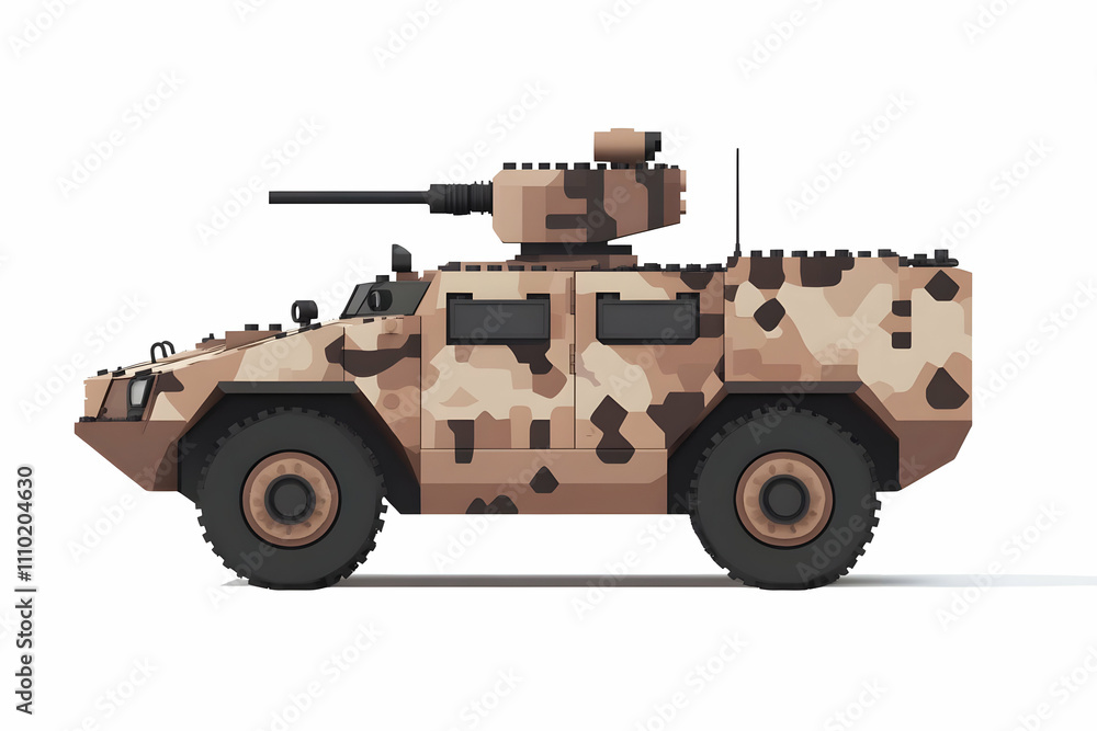 A military vehicle depicted in a pixel art style with a camouflage pattern. A military vehicle depicted in a pixel art style with a camouflage pattern.