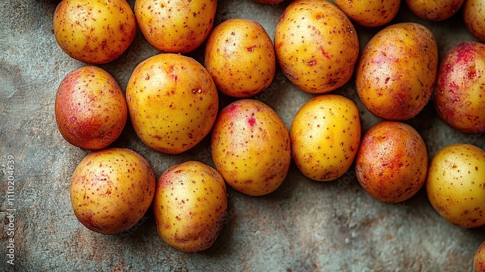 Freshly harvested red and yellow potatoes arranged on a rustic surface ideal for culinary or agricultural themes Freshly harvested red and yellow potatoes arranged on a rustic surface ideal for culinary or agricultural themes