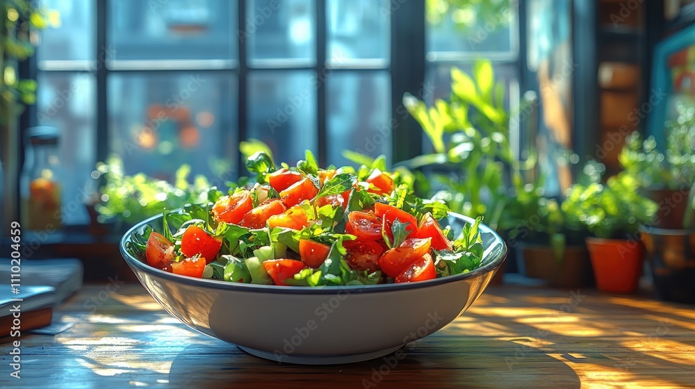 Fresh vegetarian salad showcased in a stylish bowl illuminated by natural light against a vibrant indoor garden backdrop Fresh vegetarian salad showcased in a stylish bowl illuminated by natural light against a vibrant indoor garden backdrop