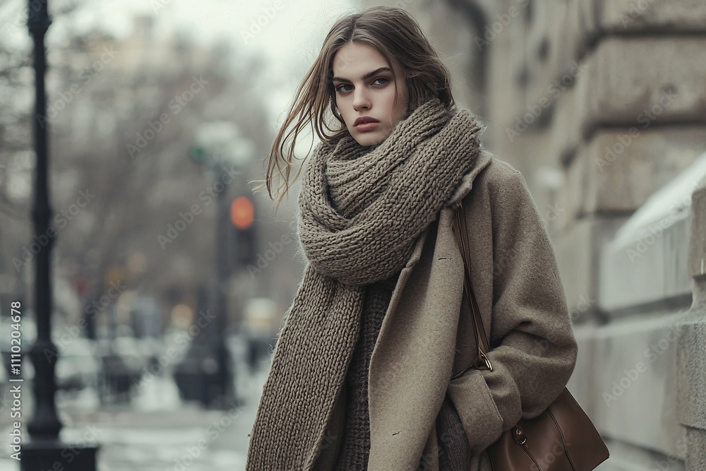 A fashionable model embodies elegance and practicality in a chic layered outfit with an oversized coat, knitted scarf, and stylish boots, perfect for winter. A fashionable model embodies elegance and practicality in a chic layered outfit with an oversized coat, knitted scarf, and stylish boots, perfect for winter.